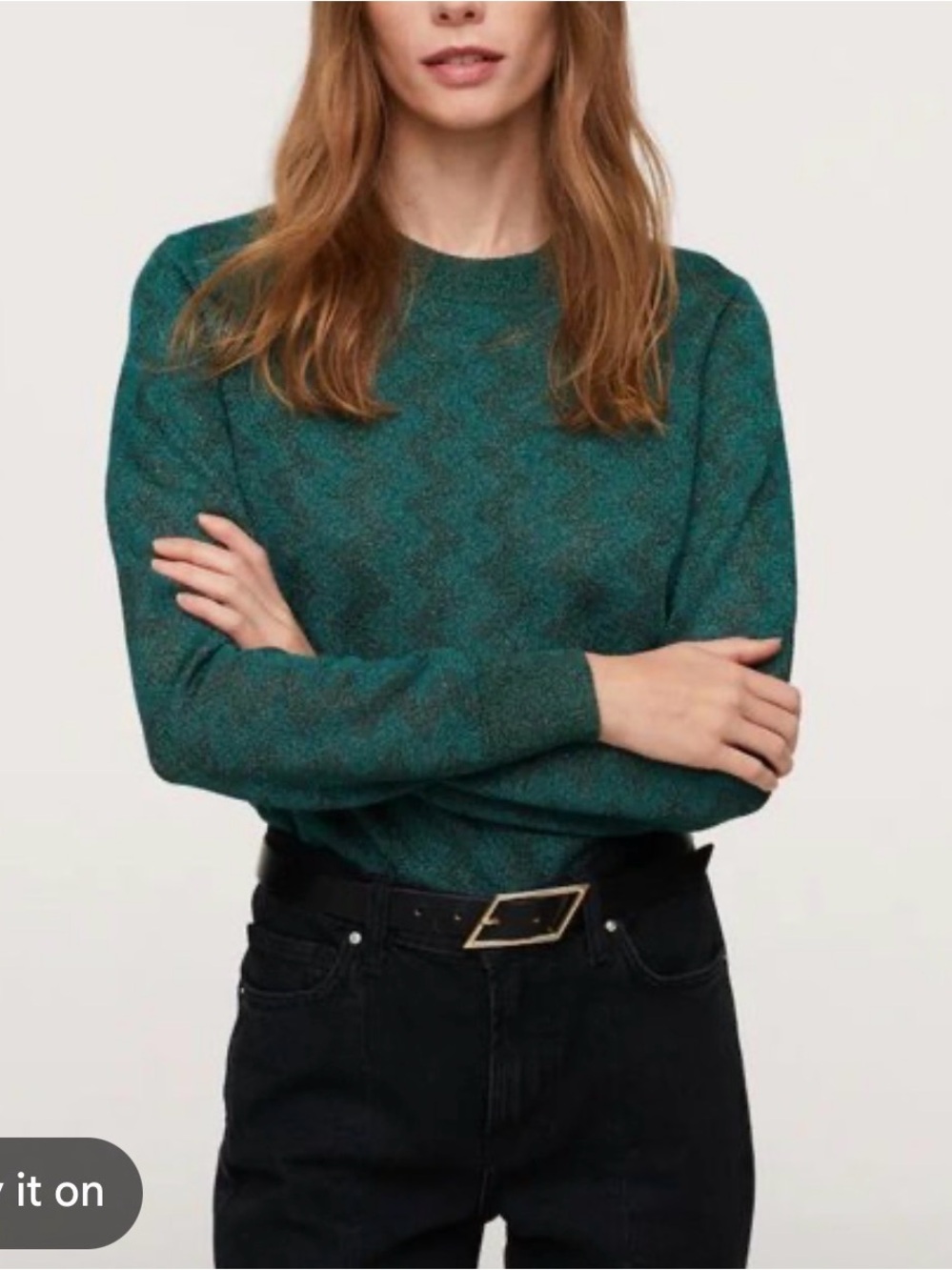 Mango Shimmer Knit Crew Neck Sweater – XS – Emerald Green
